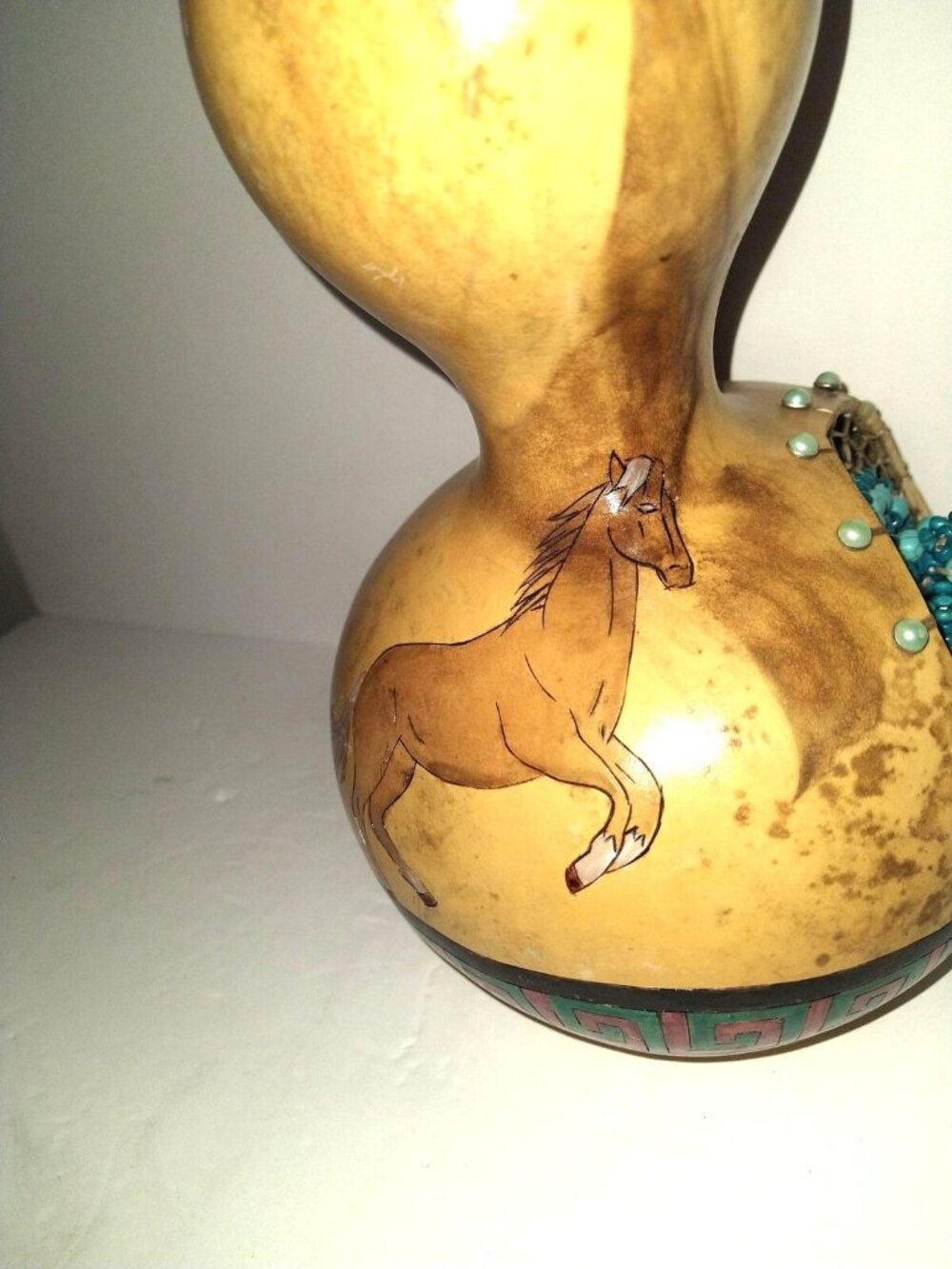 Southwest Western Gourd Art Galloping Horse Painted Turquoise Bead Dream Catcher - Picture 5 of 10